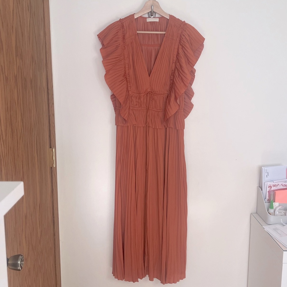 Ulla Johnson Letty Pleated Ruffe Satin Midi Dress - Picture 2 of 12